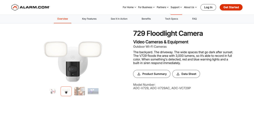 Alarm.com product detail page with product FAQs