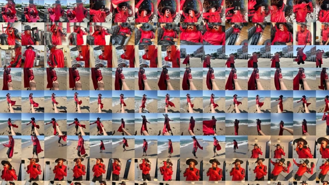 "POV: your camera roll if Lord Licorice was your BF" — a grid of photos of a man dressed as Candy Land's Lord Licorice in red at the beach and around town