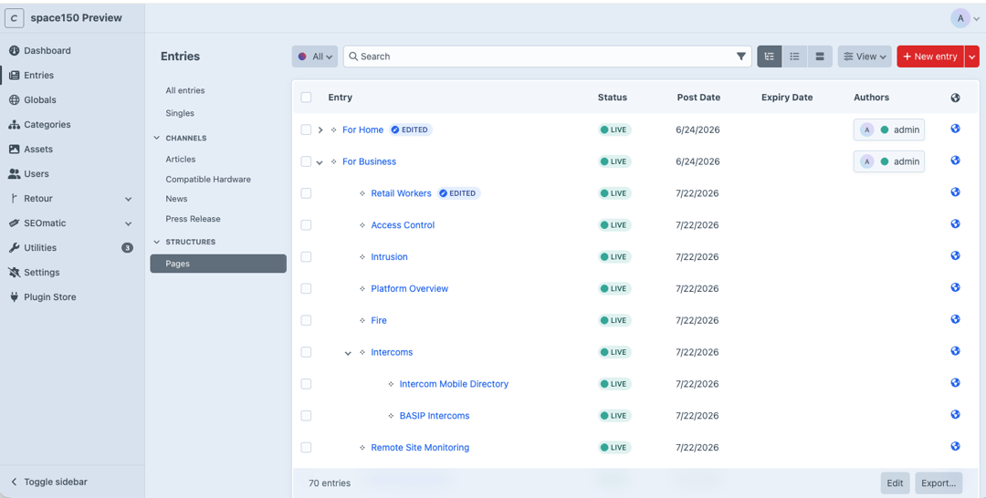 Alarm.com Craft 5 CMS admin interface