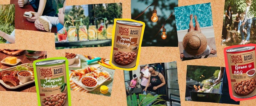 Collage of Saucy Spoon Baked Beans branding, packaging and campaign creative
