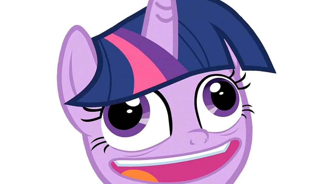 Ponymoji sticker of Twilight Sparkle with a wide-eyed, unhinged grin