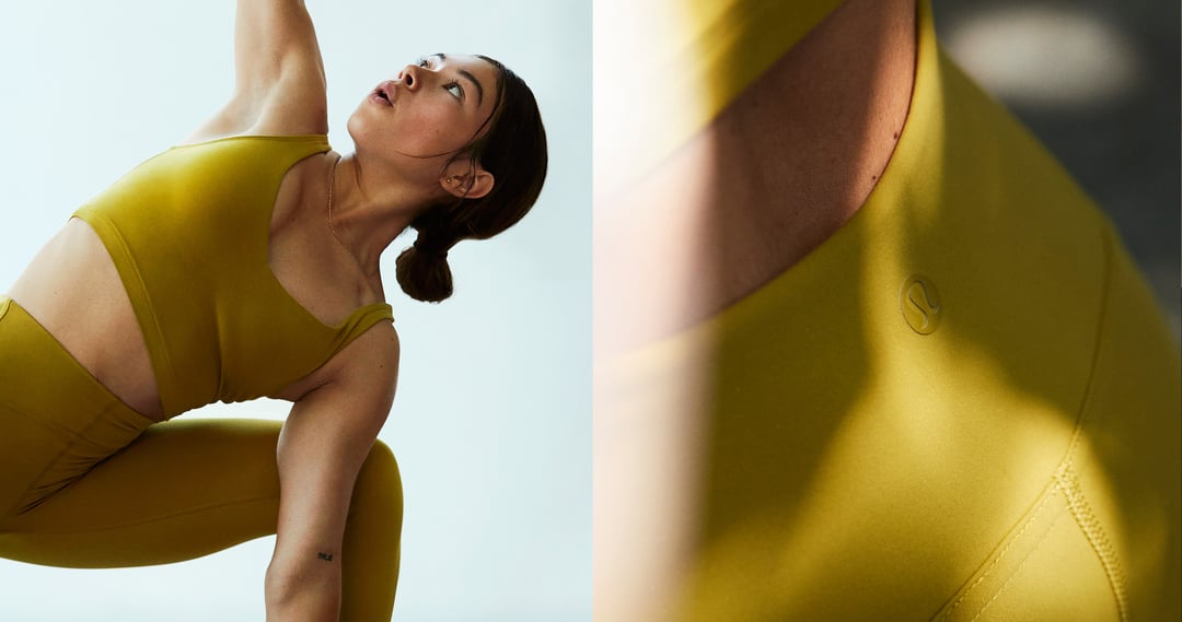 Woman in chartreuse lululemon activewear doing yoga alongside close-up of lululemon logo on fabric