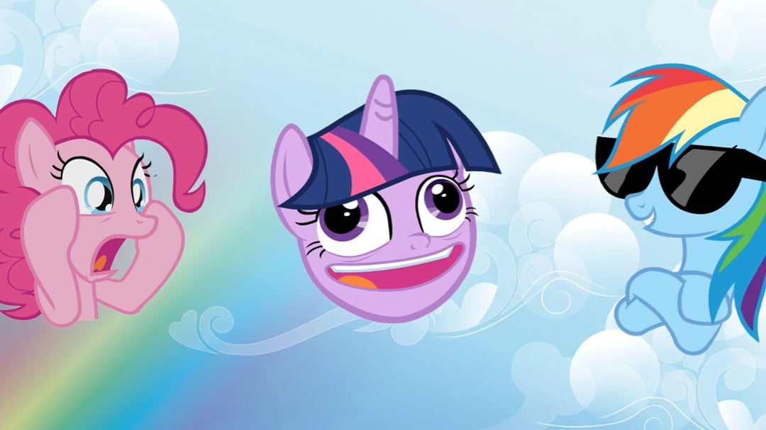 Three My Little Pony characters against a bright sky background