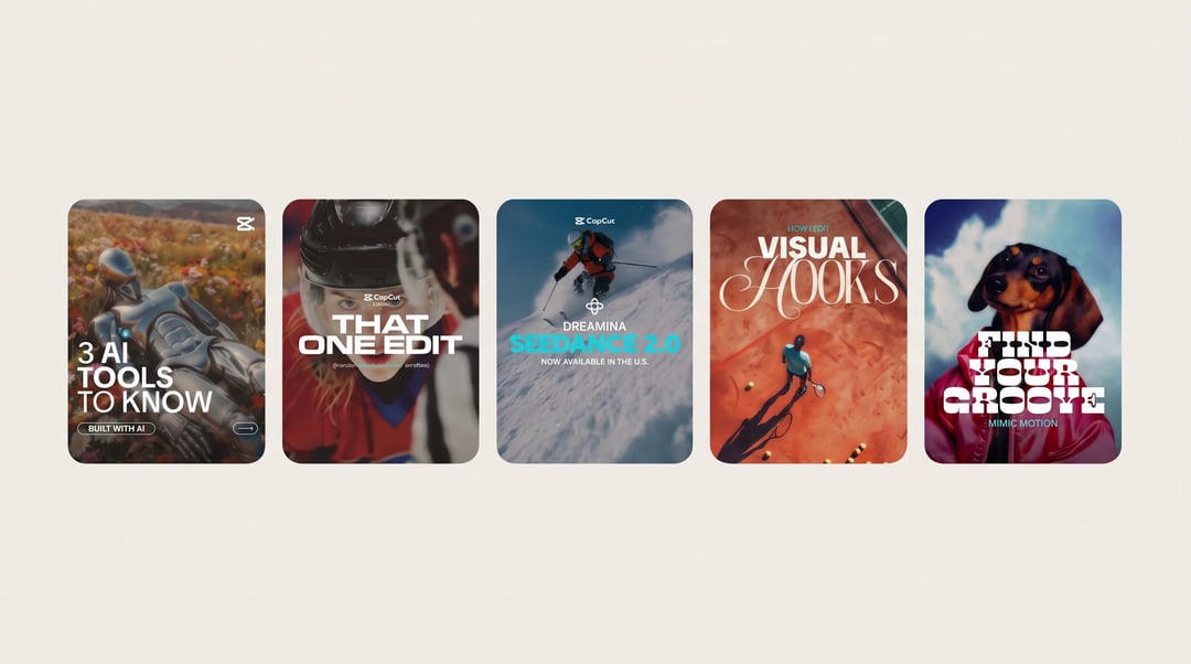 Five CapCut social posts showing the visual identity: 3 AI Tools to Know, That One Edit, Seedance 2.0, Visual Hooks and Find Your Groove