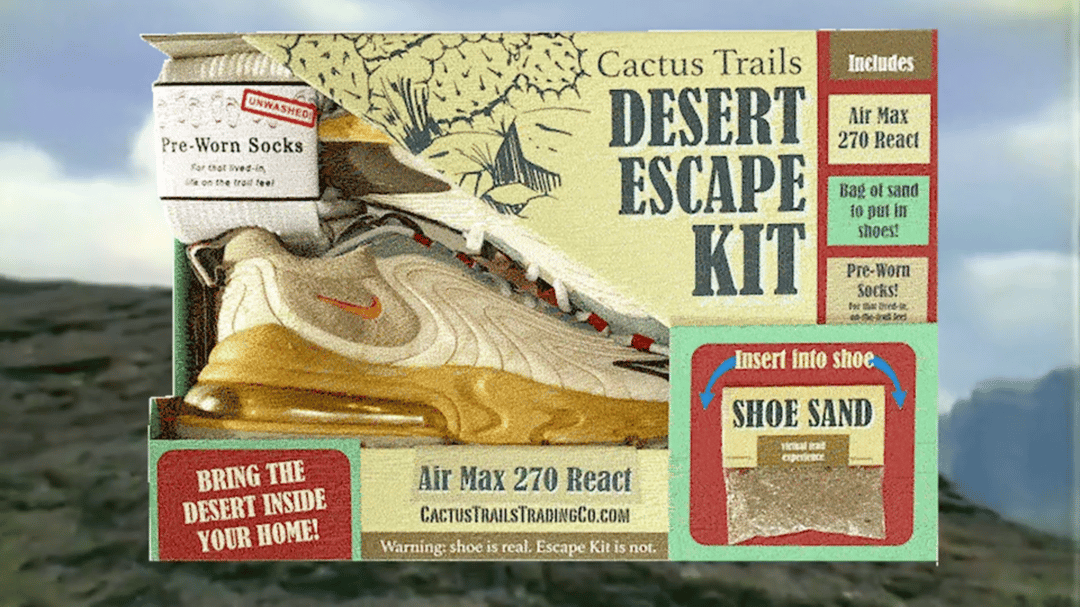 An image of the Cactus Trails Desert Escape Kit which features the Air Max 270 React Shoe, "Pre-worn" socks, and desert sand to insert into your shoe.