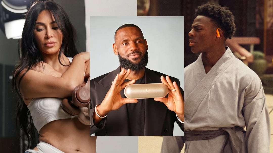 Beats by Dre collage of Kim Kardashian, LeBron James holding a Beats Pill, and IShowSpeed wearing Beats earbuds